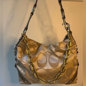 COACH Carly Metallic Cream F15250 Signature Hobo Shoulder Bag Silver Hardware